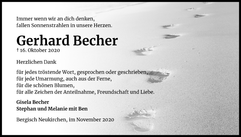  Traueranzeige für Gerhard Becher vom 14.11.2020 aus Kölner Stadt-Anzeiger / Kölnische Rundschau / Express