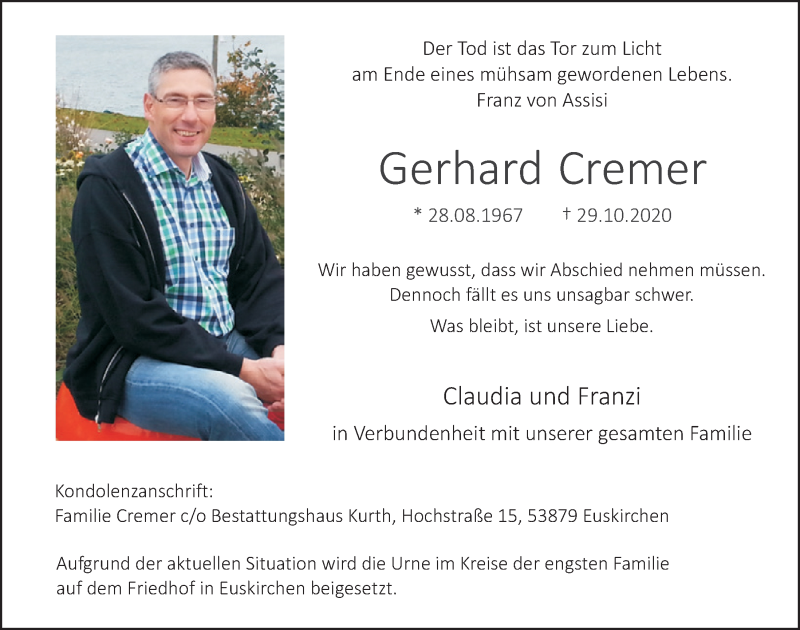  Traueranzeige für Gerhard Cremer vom 07.11.2020 aus  Blickpunkt Euskirchen 