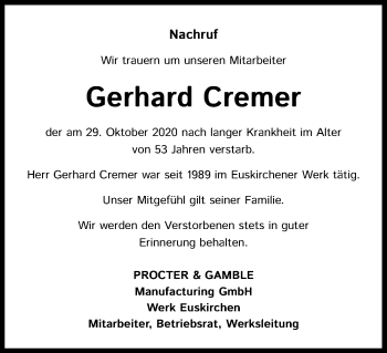 Anzeige von Gerhard Cremer von Kölner Stadt-Anzeiger / Kölnische Rundschau / Express