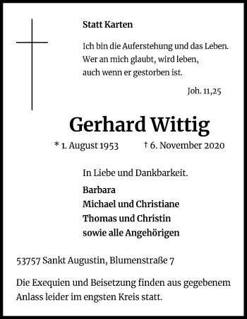 Anzeige von Gerhard Wittig von Kölner Stadt-Anzeiger / Kölnische Rundschau / Express