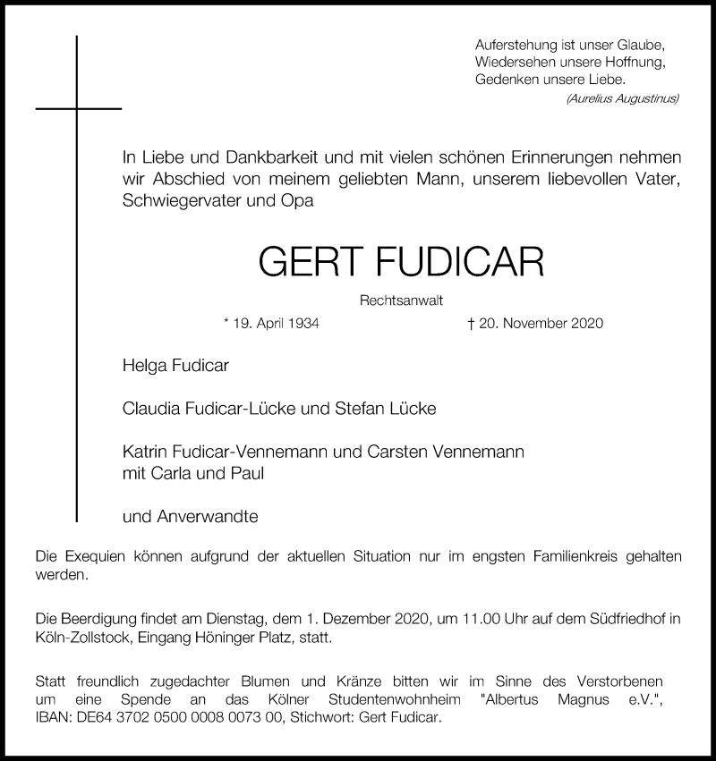  Traueranzeige für Gert Fudicar vom 28.11.2020 aus Kölner Stadt-Anzeiger / Kölnische Rundschau / Express