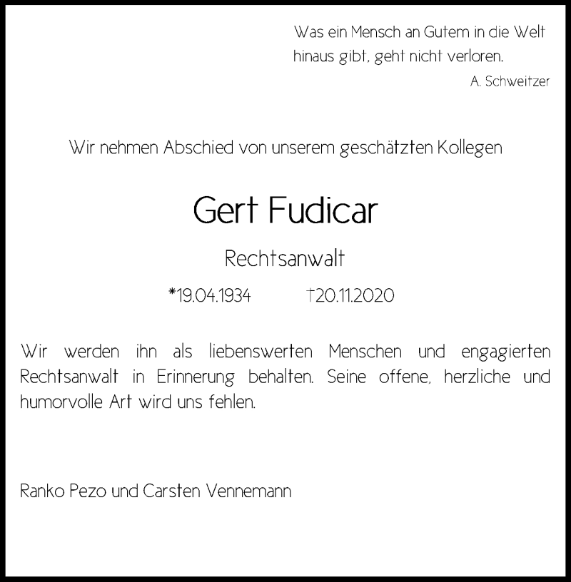  Traueranzeige für Gert Fudicar vom 28.11.2020 aus Kölner Stadt-Anzeiger / Kölnische Rundschau / Express