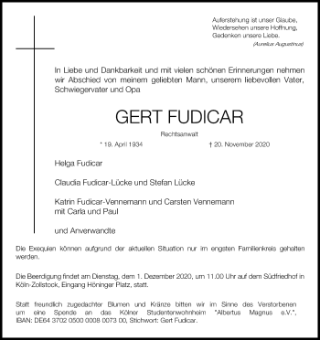 Anzeige von Gert Fudicar von Kölner Stadt-Anzeiger / Kölnische Rundschau / Express