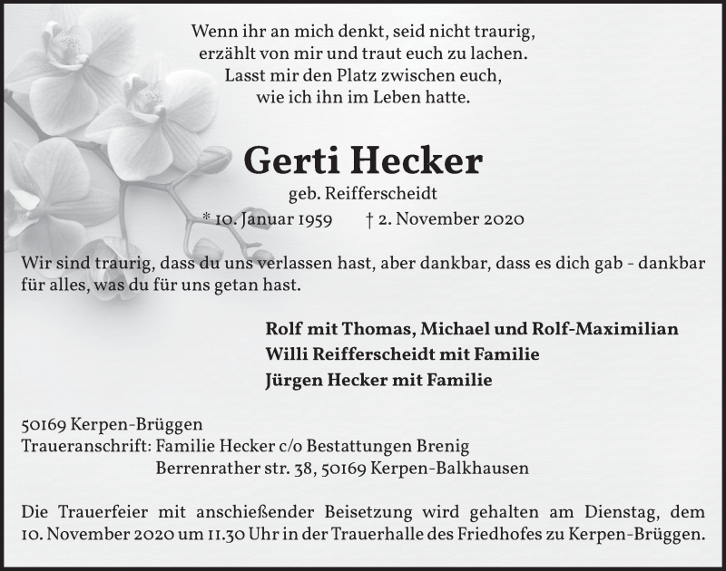  Traueranzeige für Gerti Hecker vom 06.11.2020 aus  Werbepost 