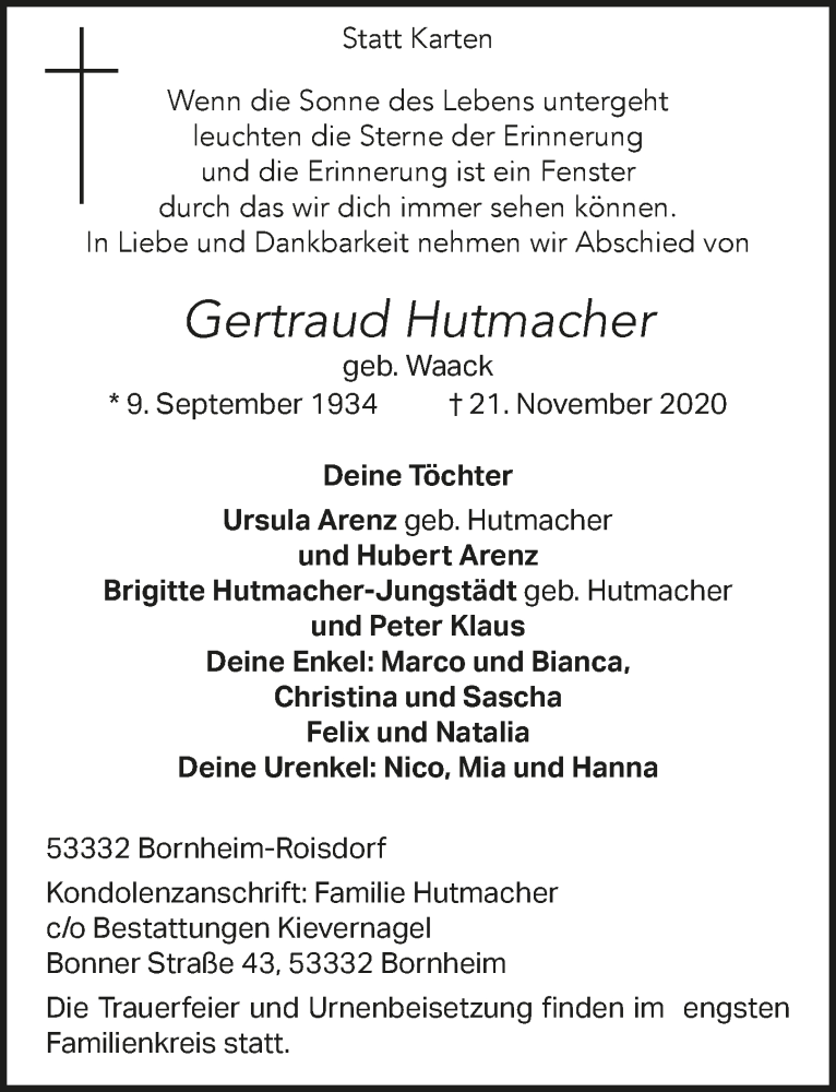  Traueranzeige für Gertraud Hutmacher vom 27.11.2020 aus  Schaufenster/Blickpunkt 
