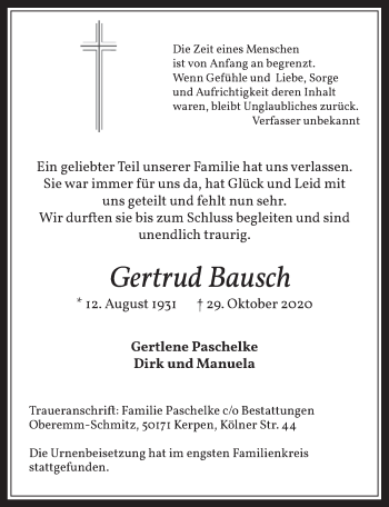 Anzeige von Gertrud Bausch von  Werbepost 