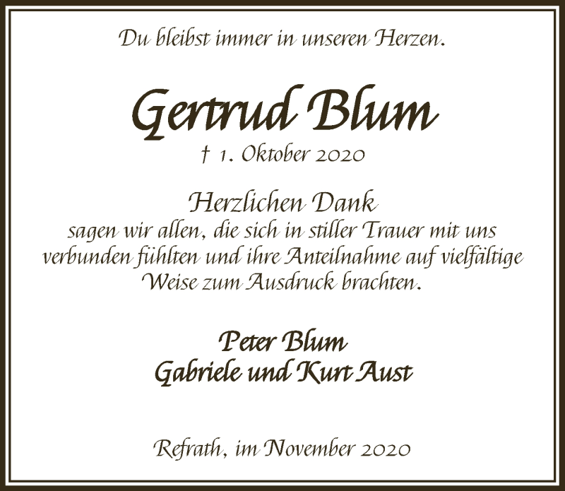  Traueranzeige für Gertrud Blum vom 13.11.2020 aus  Bergisches Handelsblatt 