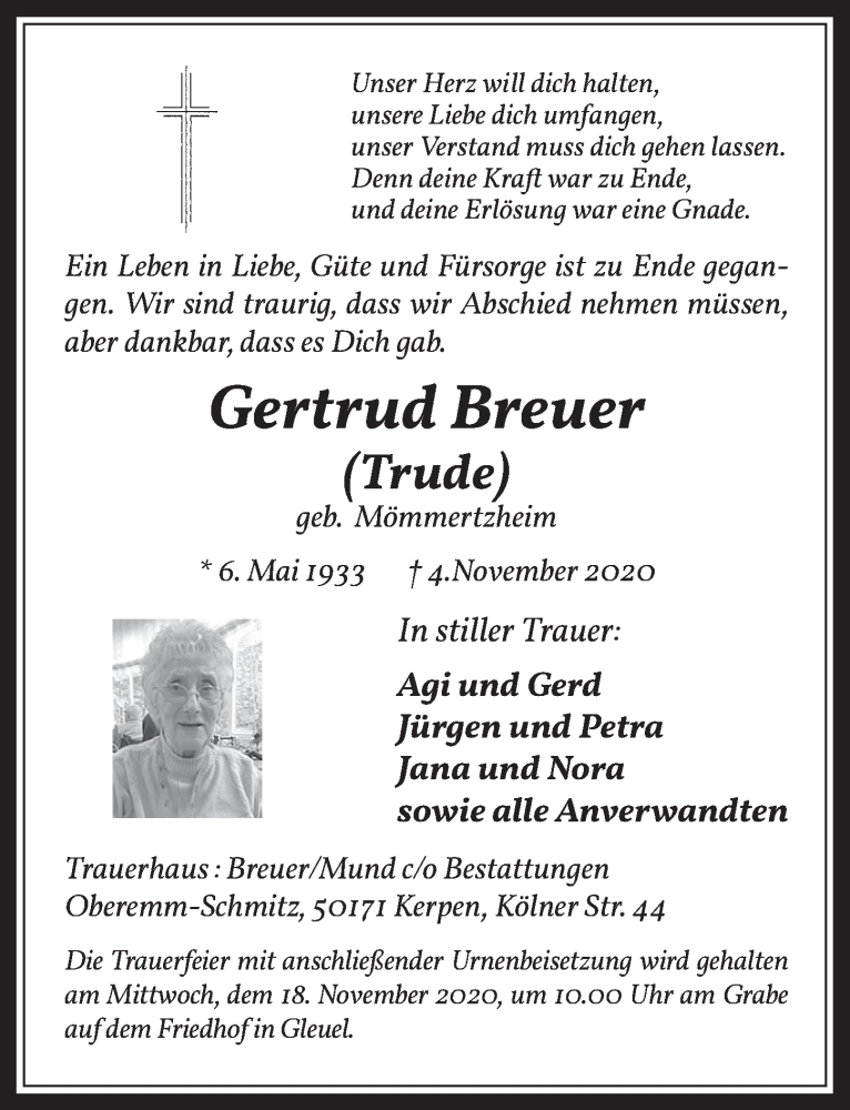  Traueranzeige für Gertrud Breuer vom 13.11.2020 aus  Wochenende  Werbepost 