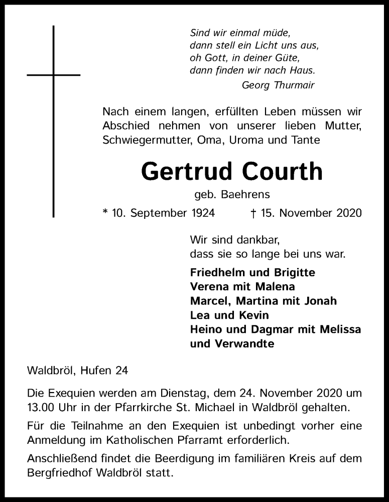  Traueranzeige für Gertrud Courth vom 21.11.2020 aus Kölner Stadt-Anzeiger / Kölnische Rundschau / Express
