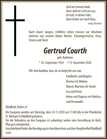 Anzeige von Gertrud Courth von  Lokalanzeiger 