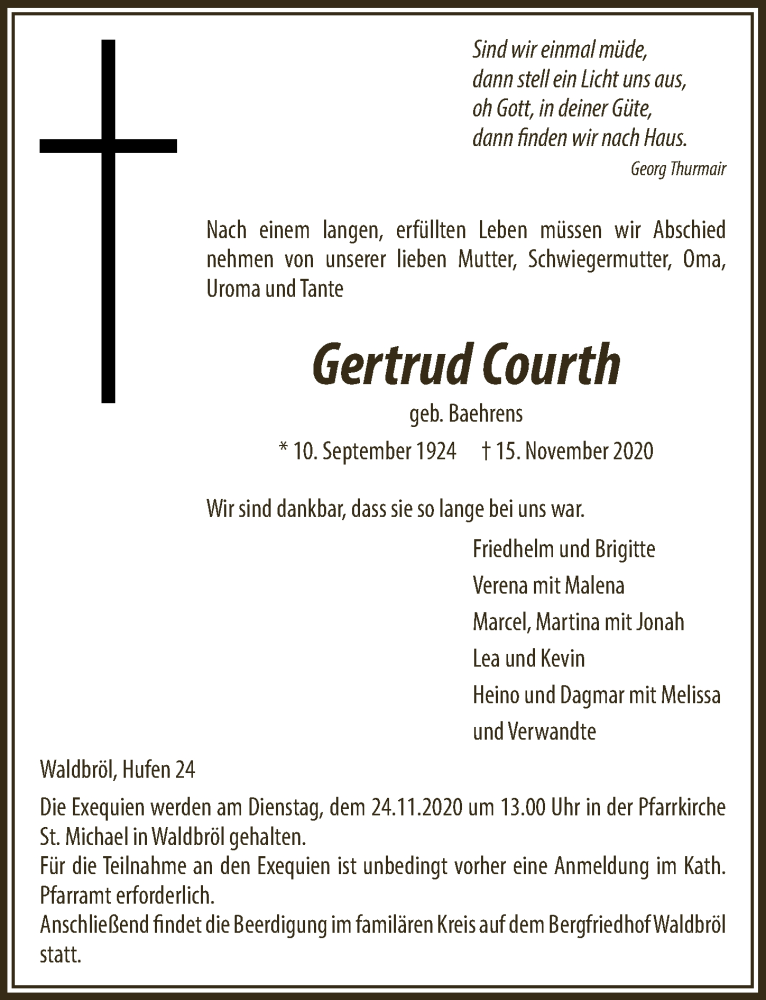  Traueranzeige für Gertrud Courth vom 20.11.2020 aus  Lokalanzeiger 