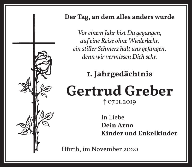  Traueranzeige für Gertrud Greber vom 06.11.2020 aus  Wochenende 