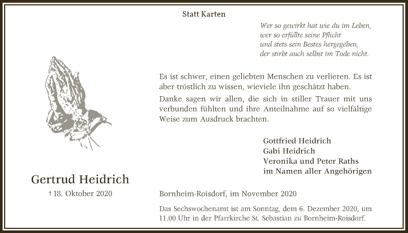  Traueranzeige für Gertrud Heidrich vom 20.11.2020 aus  Schaufenster/Blickpunkt 