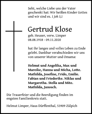 Anzeige von Gertrud Klose von Kölner Stadt-Anzeiger / Kölnische Rundschau / Express