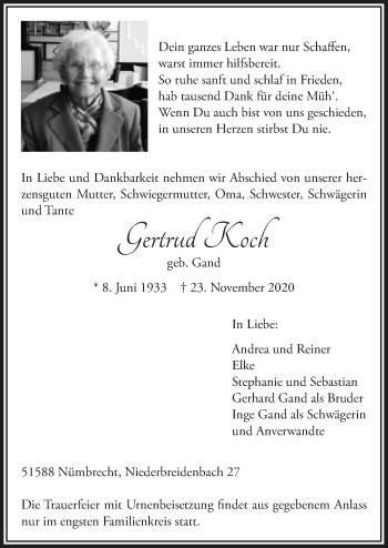 Anzeige von Gertrud Koch von  Lokalanzeiger 