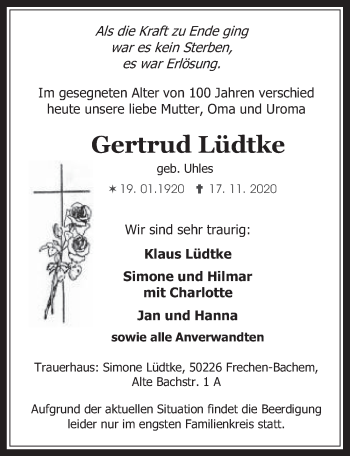 Anzeige von Gertrud Lüdtke von  Wochenende 