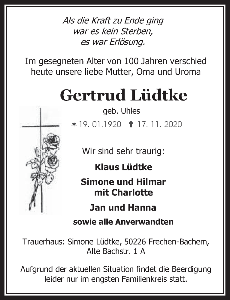  Traueranzeige für Gertrud Lüdtke vom 27.11.2020 aus  Wochenende 
