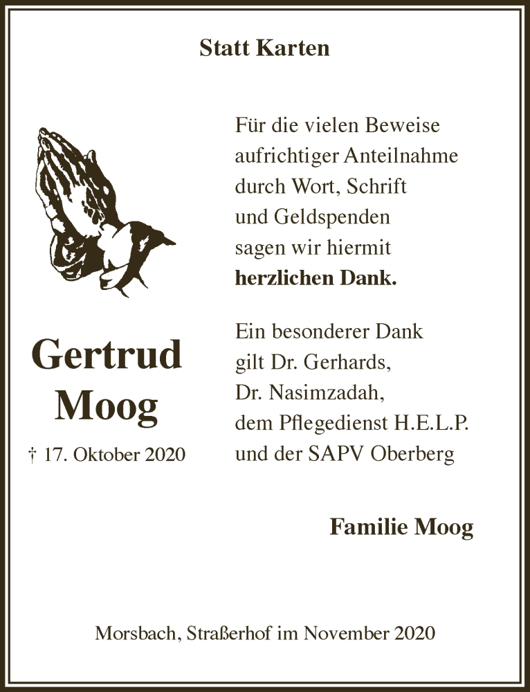  Traueranzeige für Gertrud Moog vom 13.11.2020 aus  Lokalanzeiger 