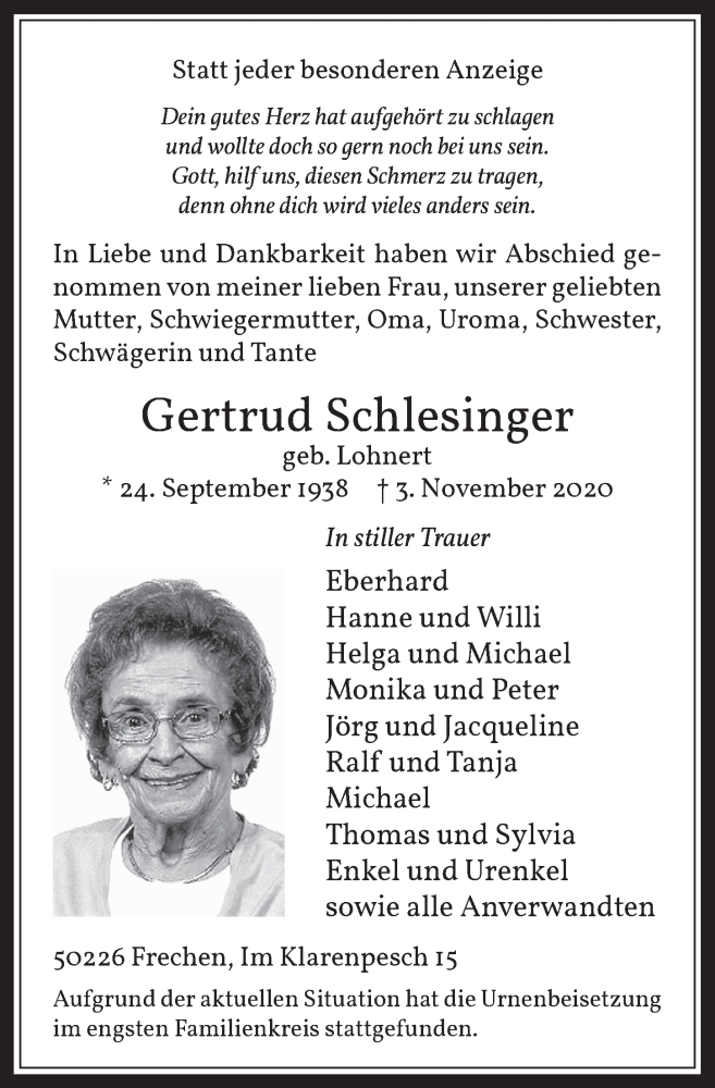  Traueranzeige für Gertrud Schlesinger vom 13.11.2020 aus  Wochenende 