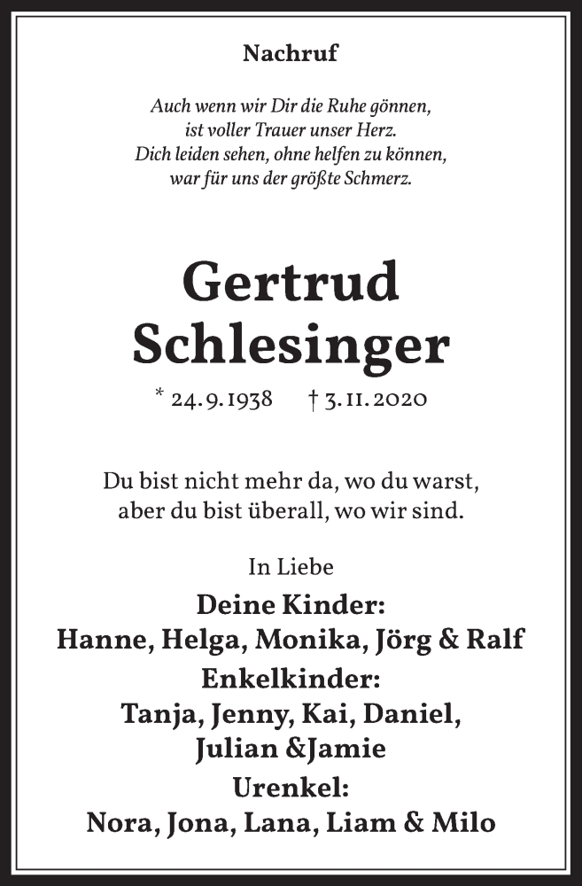  Traueranzeige für Gertrud Schlesinger vom 13.11.2020 aus  Wochenende 