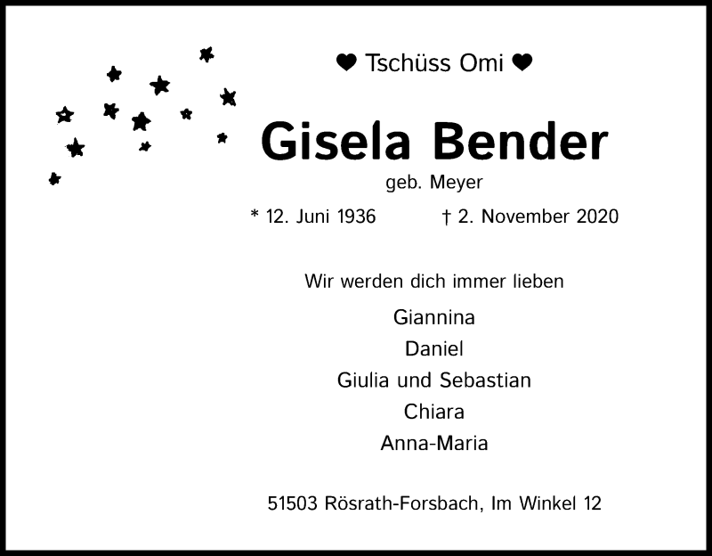  Traueranzeige für Gisela Bender vom 07.11.2020 aus Kölner Stadt-Anzeiger / Kölnische Rundschau / Express