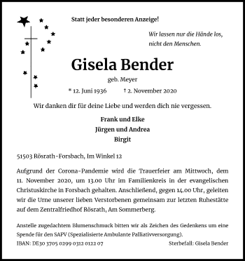 Anzeige von Gisela Bender von Kölner Stadt-Anzeiger / Kölnische Rundschau / Express
