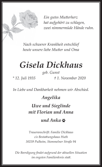 Anzeige von Gisela Dickhaus von  Wochenende 