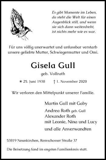 Anzeige von Gisela Gull von Kölner Stadt-Anzeiger / Kölnische Rundschau / Express