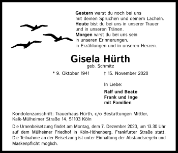Anzeige von Gisela Hürth von Kölner Stadt-Anzeiger / Kölnische Rundschau / Express