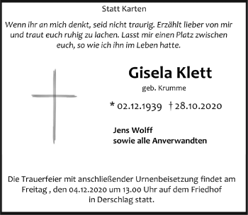 Anzeige von Gisela Klett von  Anzeigen Echo 