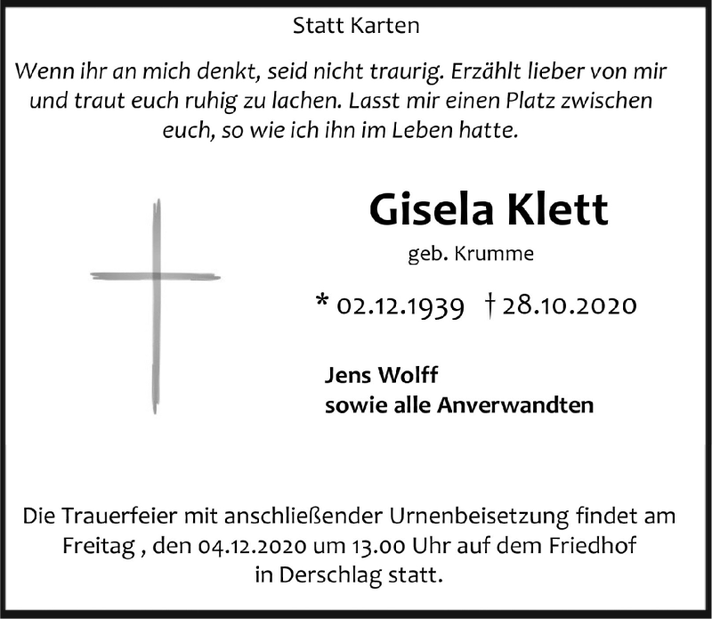  Traueranzeige für Gisela Klett vom 27.11.2020 aus  Anzeigen Echo 