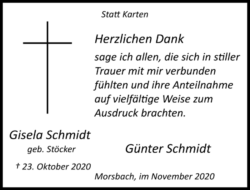  Traueranzeige für Gisela Schmidt vom 13.11.2020 aus  Lokalanzeiger 