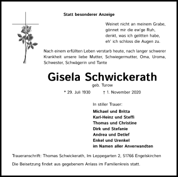 Anzeige von Gisela Schwickerath von Kölner Stadt-Anzeiger / Kölnische Rundschau / Express