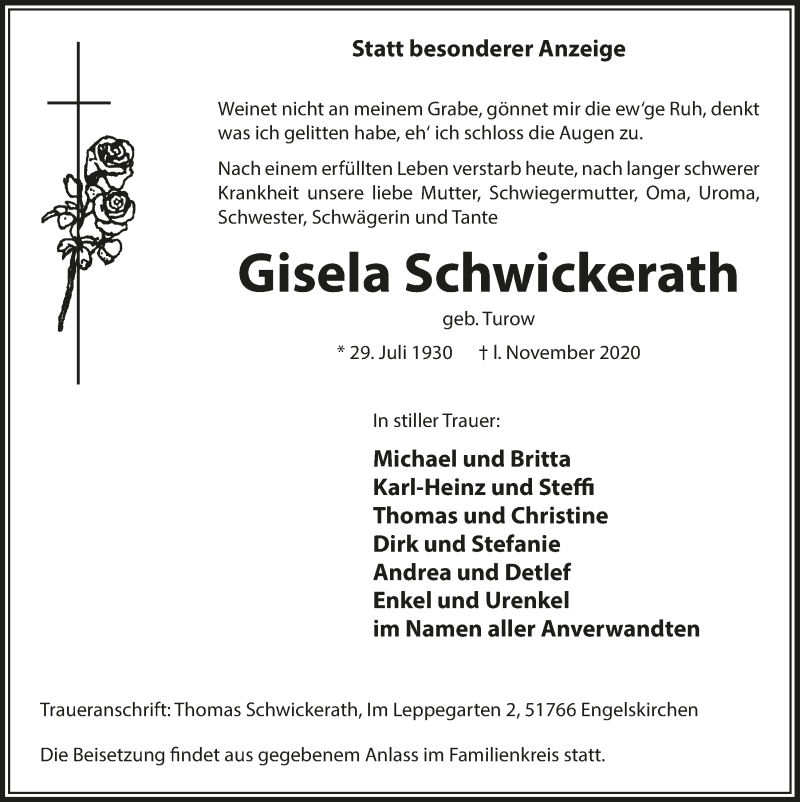  Traueranzeige für Gisela Schwickerath vom 06.11.2020 aus  Anzeigen Echo 