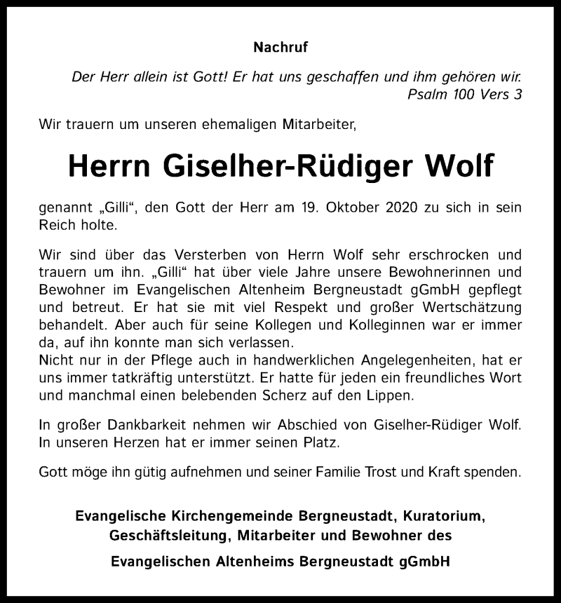  Traueranzeige für Giselher-Rüdiger Wolf vom 14.11.2020 aus Kölner Stadt-Anzeiger / Kölnische Rundschau / Express