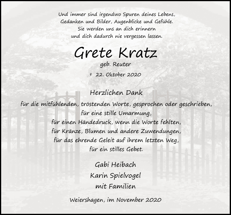 Traueranzeige für Grete Kratz vom 27.11.2020 aus  Anzeigen Echo 