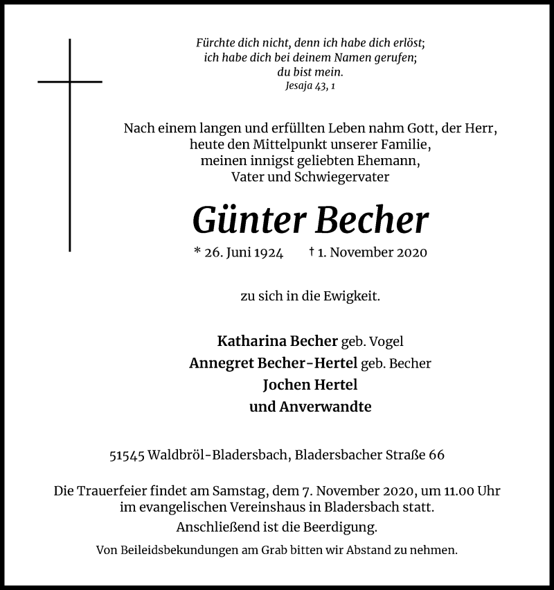  Traueranzeige für Günter Becher vom 04.11.2020 aus Kölner Stadt-Anzeiger / Kölnische Rundschau / Express