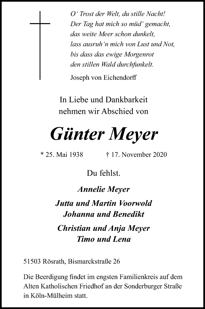  Traueranzeige für Günter Meyer vom 21.11.2020 aus Kölner Stadt-Anzeiger / Kölnische Rundschau / Express