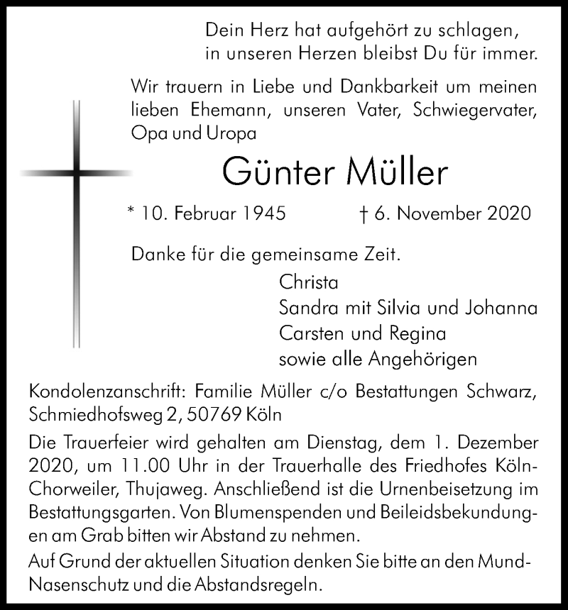  Traueranzeige für Günter Müller vom 21.11.2020 aus Kölner Stadt-Anzeiger / Kölnische Rundschau / Express