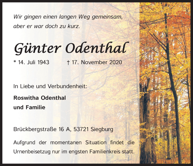  Traueranzeige für Günter Odenthal vom 21.11.2020 aus Kölner Stadt-Anzeiger / Kölnische Rundschau / Express