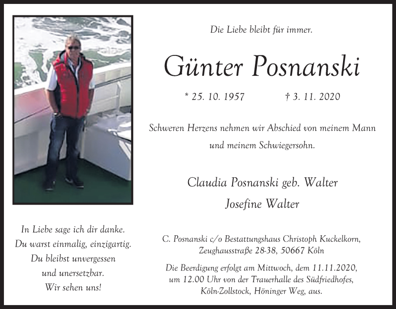  Traueranzeige für Günter Posnanski vom 07.11.2020 aus Kölner Stadt-Anzeiger / Kölnische Rundschau / Express