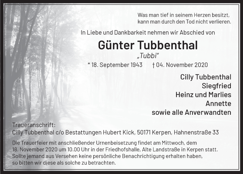  Traueranzeige für Günter Tubbenthal vom 13.11.2020 aus  Werbepost 