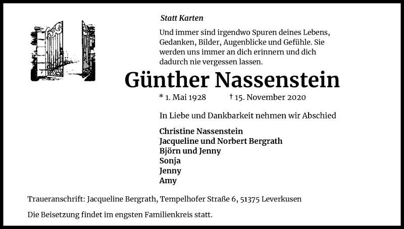  Traueranzeige für Günther Nassenstein vom 21.11.2020 aus Kölner Stadt-Anzeiger / Kölnische Rundschau / Express