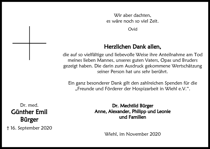  Traueranzeige für Günther Emil Bürger vom 28.11.2020 aus Kölner Stadt-Anzeiger / Kölnische Rundschau / Express