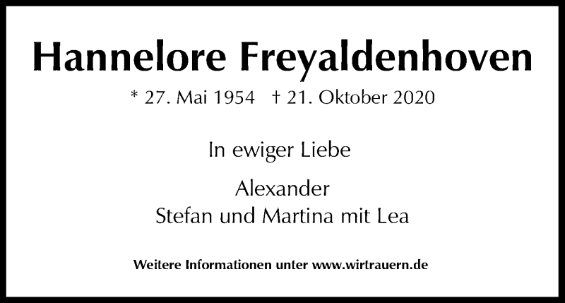  Traueranzeige für Hannelore Freyaldenhoven vom 07.11.2020 aus Kölner Stadt-Anzeiger / Kölnische Rundschau / Express