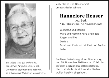 Anzeige von Hannelore Heuser von  Bergisches Handelsblatt 