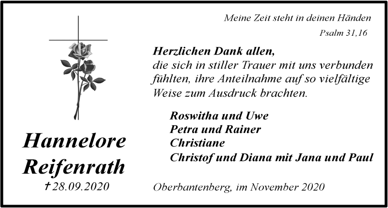  Traueranzeige für Hannelore Reifenrath vom 06.11.2020 aus  Anzeigen Echo 