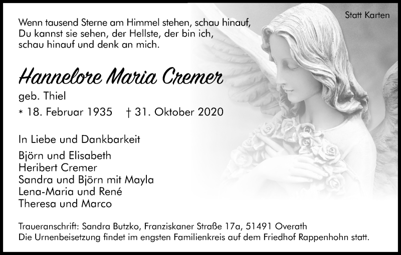  Traueranzeige für Hannelore Maria Cremer vom 14.11.2020 aus Kölner Stadt-Anzeiger / Kölnische Rundschau / Express