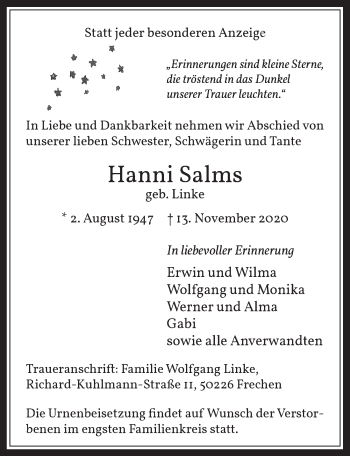 Anzeige von Hanni Salms von  Wochenende 