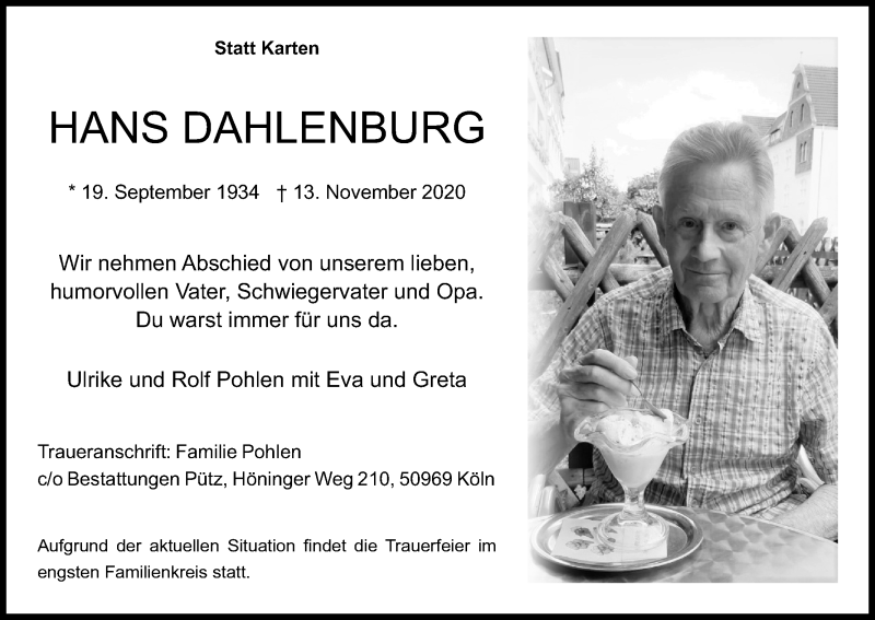  Traueranzeige für Hans Dahlenburg vom 21.11.2020 aus Kölner Stadt-Anzeiger / Kölnische Rundschau / Express